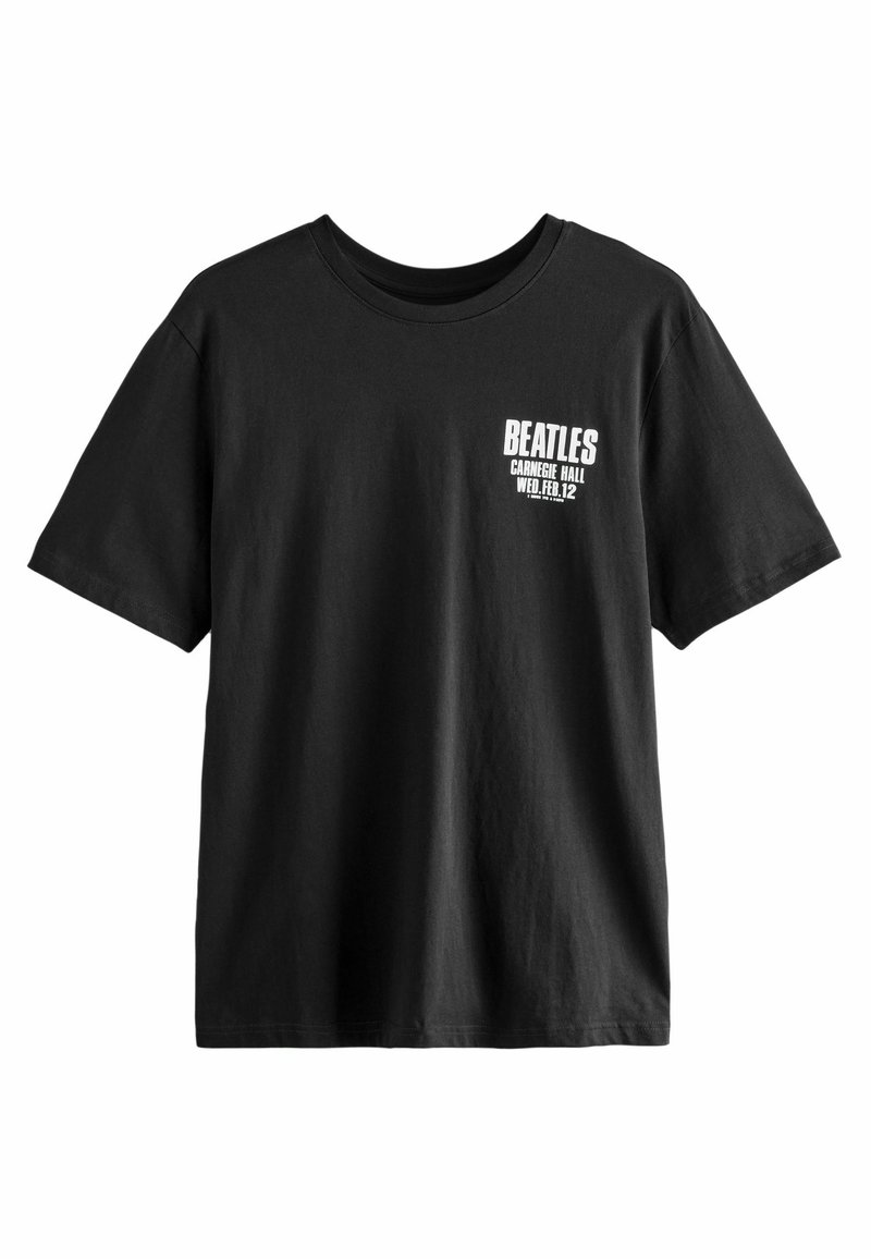 Schwarzes Baumwoll-T-Shirt mit dem Text "BEATLES" und "CARNEGIE HALL MITT. 12. FEB." in weißem Druck auf der linken Brustseite.