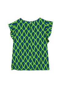Blusa a maniche corte con motivo geometrico a goccia in verde, blu e blu navy e maniche arricciate, mostrata piatta su sfondo bianco.