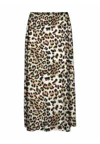 Gonna maxi con stampa leopardata caratterizzata da una vita elastica, realizzata in tessuto morbido con una superficie liscia, nelle tonalità di beige, nero e bianco.