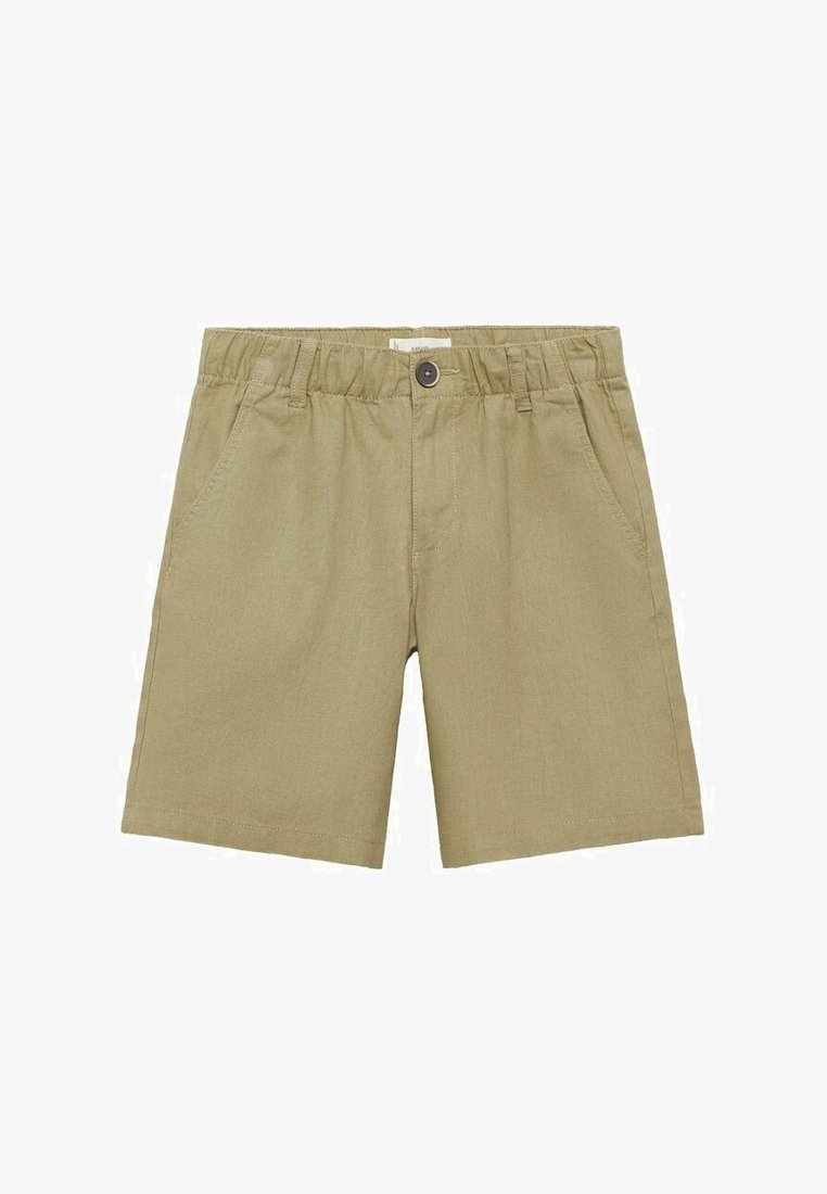 Khaki šortky s elastickým pásom, prednými vreckami a zapínaním na gombík. Vyrobené z ľahkého materiálu, s hladkou textúrou a prispôsobeným strihom.