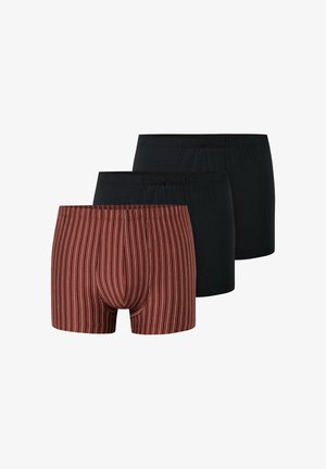 Boxer shorts set including one pair in dark gray, two in black, and one in red with white vertical stripes; soft fabric and elastic waistbands.
