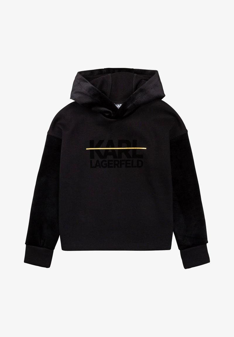 Felpa nera con cappuccio e maniche lunghe, con scritta "KARL LAGERFELD" e una linea orizzontale dorata sul petto.