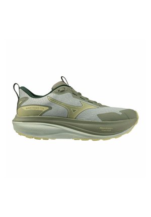 Scarpa da corsa Mizuno Wave Rider TT4 grigia e verde con suola spessa e tomaia in mesh, mostrata di profilo su sfondo bianco.