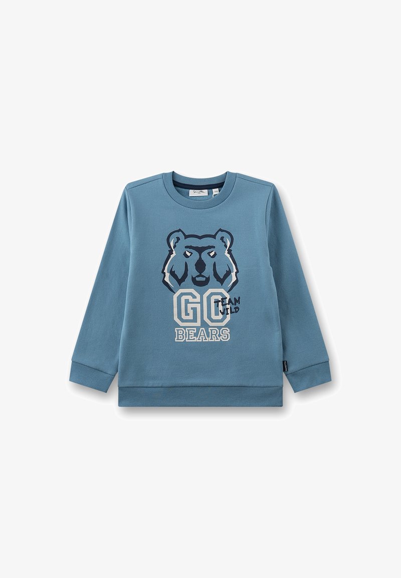 Blaues Sweatshirt mit langen Ärmeln, Bärengesicht-Grafik und Text "GO BEARS" sowie "TEAM WILD" auf der Vorderseite.