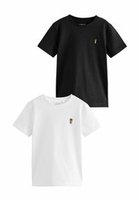 Černé a bílé bavlněné trička s krátkým rukávem, s malými žlutými humry vyšitými na levé části hrudi. Design s kulatým výstřihem.