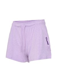 Short de sport violet clair avec ceinture élastique, fermeture par cordon et petit logo "hummel" sur la cuisse droite.