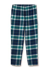 Geruite pyjamabroek met een blauw, groen en witte kleurenschema, elastische tailleband en lichtgewicht stof. Rechte pijpen met een gladde textuur.
