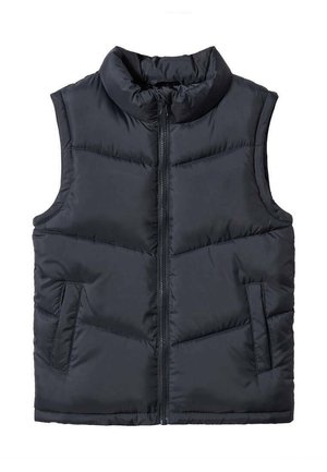 Sort polstret vest uden ærmer med lynlås foran og to sidelommer, høj krave og horisontale syninger.