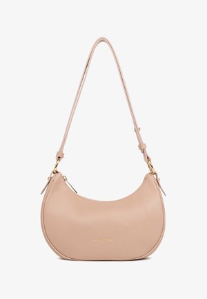 Leather handbag in soft pink with a curved shape, gold hardware accents, and a single adjustable strap. Features a discreet zipper closure.