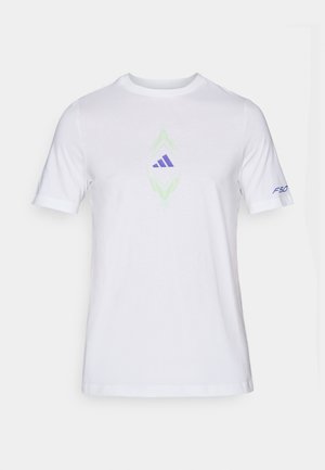 White cotton t-shirt with short sleeves. Features green and lavender graphic design at center, including a purple logo and “F50” text on sleeve.