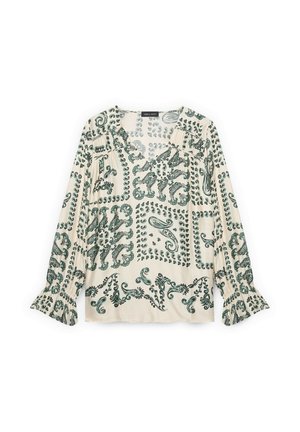 Cremefarvet bluse med grønne, udsmykkede paisley- og blomsterprint, V-hals, lange ærmer og flæsekantede manchetter.