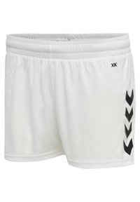 White athletic shorts with an elastic waistband, featuring black chevron accents on the sides and a smooth, lightweight fabric.