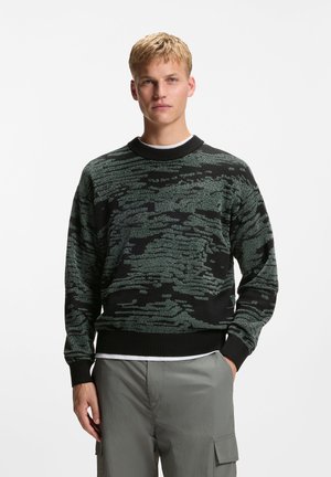 Giovane uomo che indossa un maglione a motivo nero e verde e pantaloni cargo grigi, in piedi davanti a uno sfondo bianco semplice.