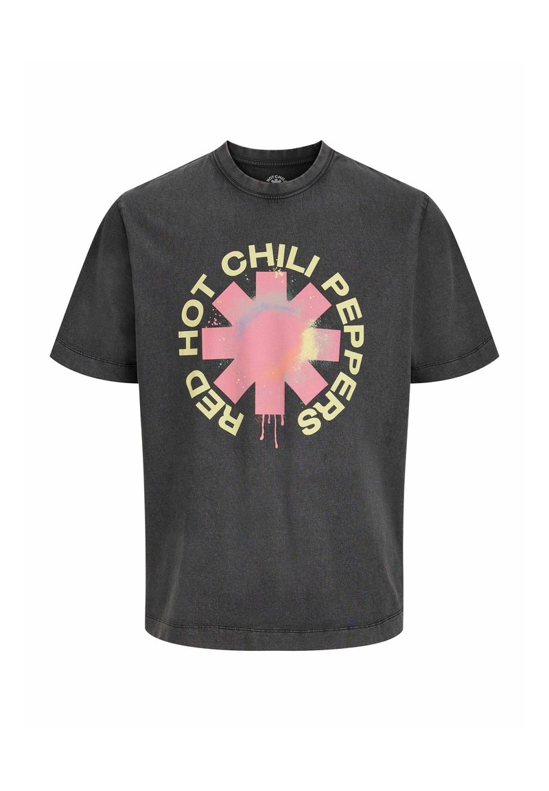 Grå bomuld t-shirt med et stort pink og gult grafisk design i stjernesymbol og teksten "RED HOT CHILI PEPPERS" omkring det.