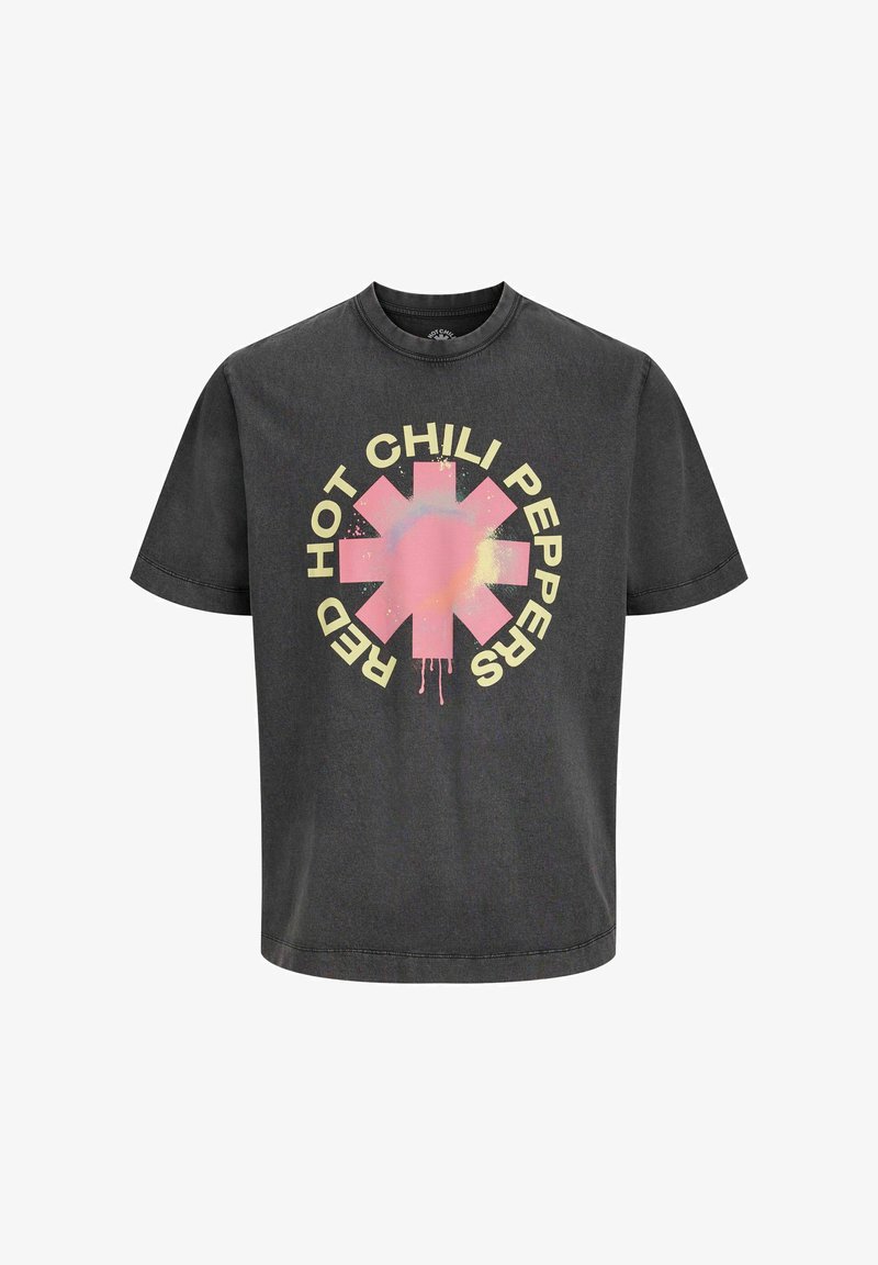 Grijze katoenen t-shirt met een grote roze en gele grafische print met een stervorm en de tekst "RED HOT CHILI PEPPERS" eromheen.