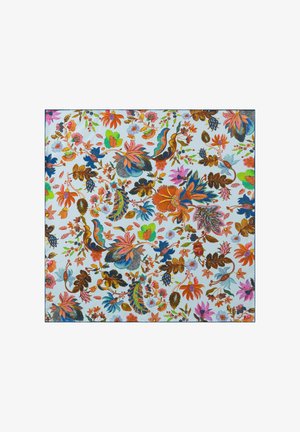 Multikleuren bloemmotief op een lichtblauwe achtergrond, met complexe ontwerpen van verschillende bladeren en bloemen in levendige tinten.