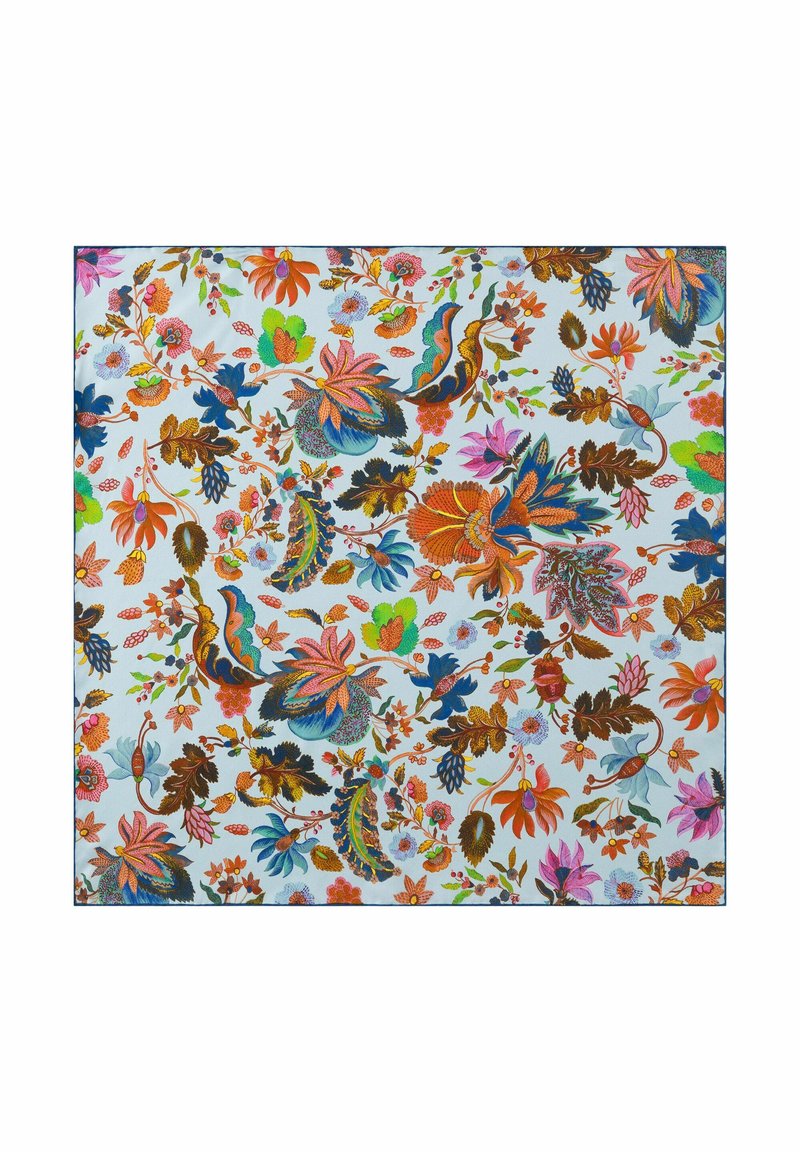 Motif floral multicolore sur fond bleu clair, comportant des dessins complexes de diverses feuilles et fleurs dans des teintes vives.