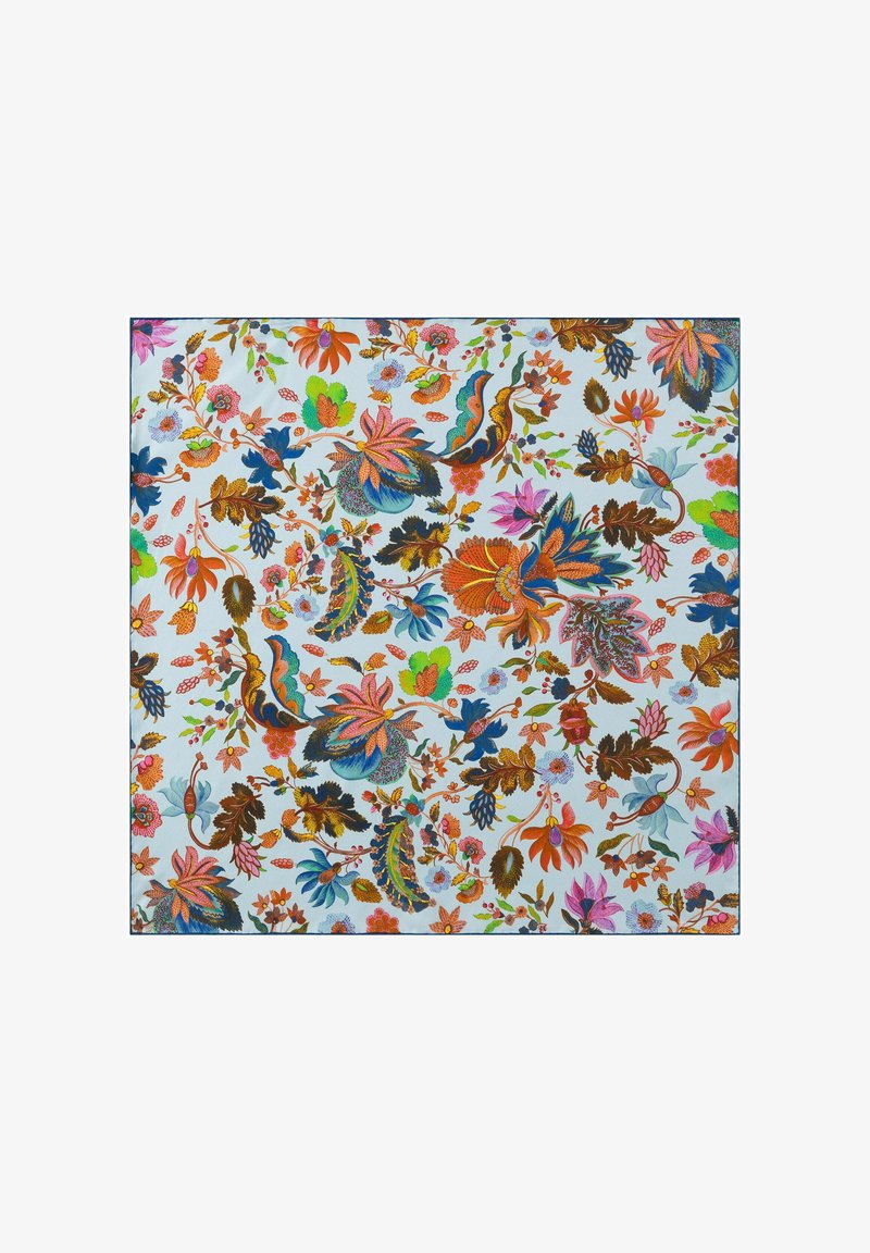 Motif floral multicolore sur fond bleu clair, comportant des dessins complexes de diverses feuilles et fleurs dans des teintes vives.