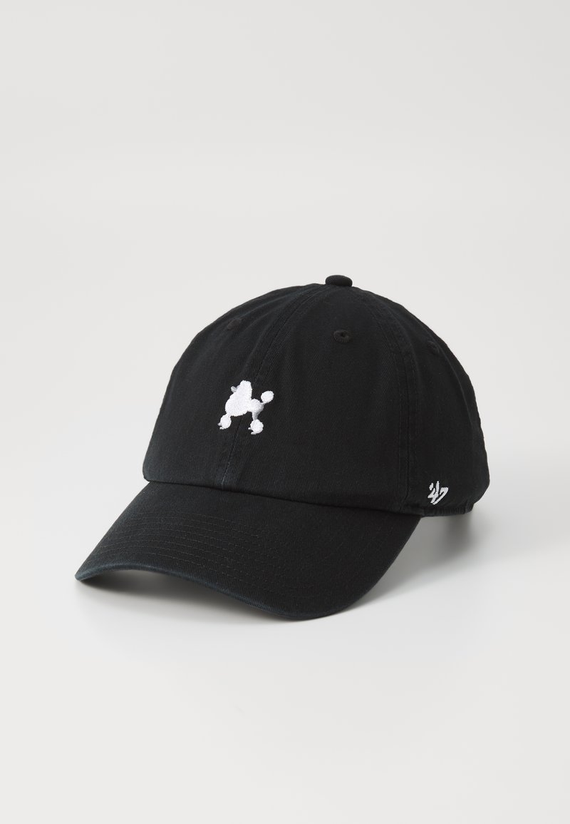 Căciulă de bază neagră din bumbac, cu un design brodat alb al unui pudel pe partea din față și un mic logo pe latură.