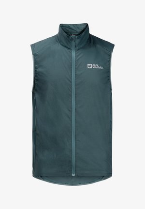 Käevaba vest tume teaal värv ja kerge kangaga. Omab esist lukku, kõrget krae ja diskreetset logo vasakul rinnal.