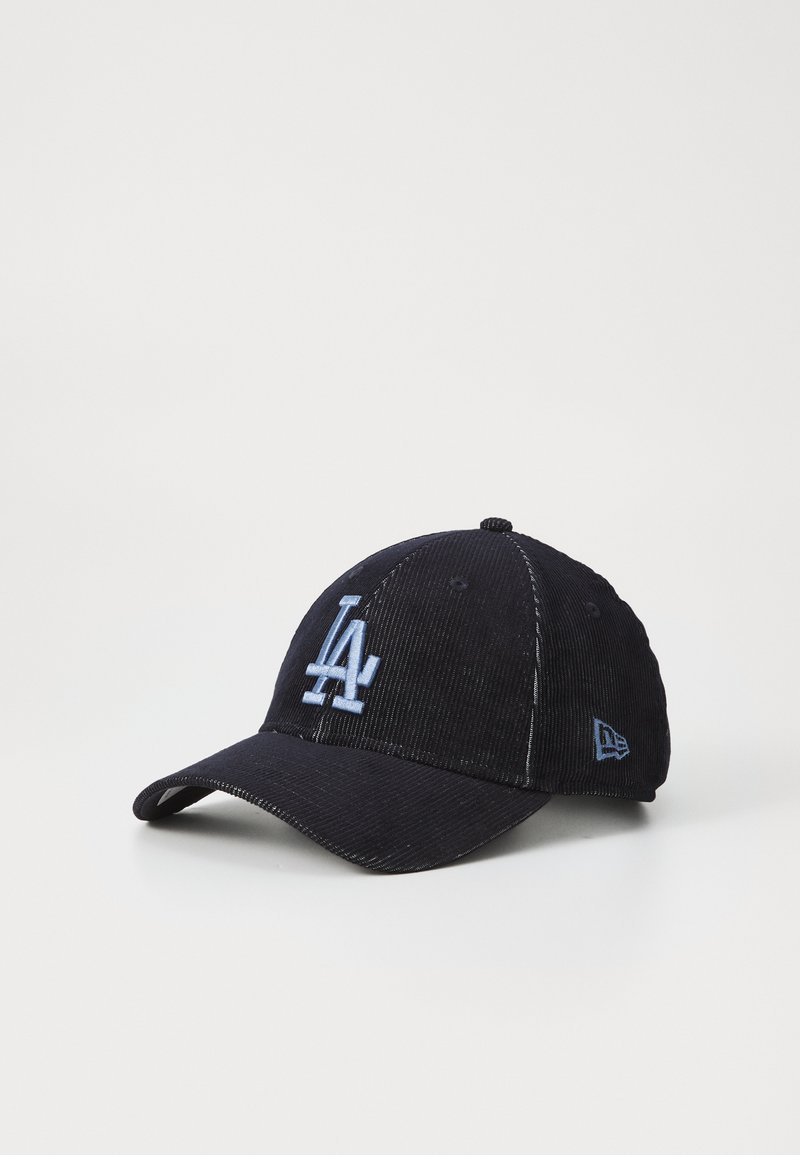 Black corduroy cap with a light blue embroidered logo on the front, curved brim, and contrasting stitching details.