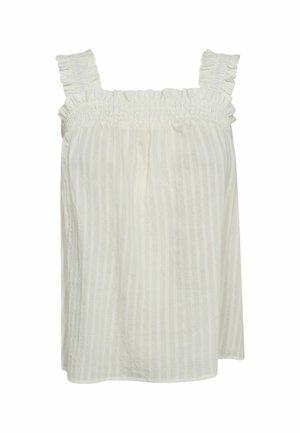 Top bianco senza maniche con spalline volant, dettagli smock all'collo e sottili strisce verticali in un tessuto leggero.