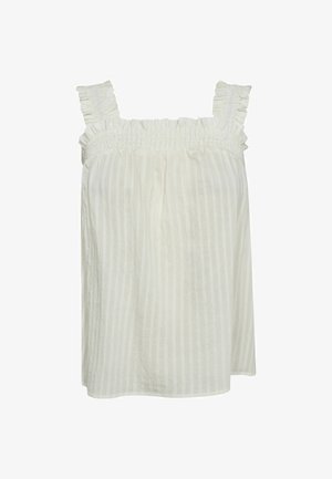 Biely bezrukávový top s volánovými ramienkami, so zúženými detailmi na výstrihu a jemnými vertikálnymi pruhmi v ľahkej látke.