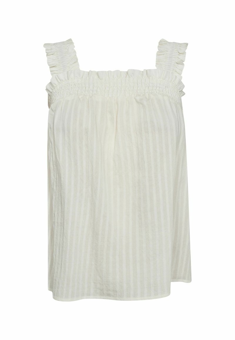 Top bianco senza maniche con spalline volant, dettagli smock all'collo e sottili strisce verticali in un tessuto leggero.