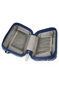 Funda de almacenamiento con cremallera, exterior azul con patrón blanco, bolsillos de malla gris en el interior, forma rectangular, material duradero, compartimentos organizados.