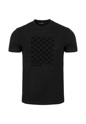 T-shirt nera a maniche corte con scollo a girocollo, con un sottile motivo in rilievo del logo Karl Lagerfeld sul davanti e piccolo nome del marchio sotto.