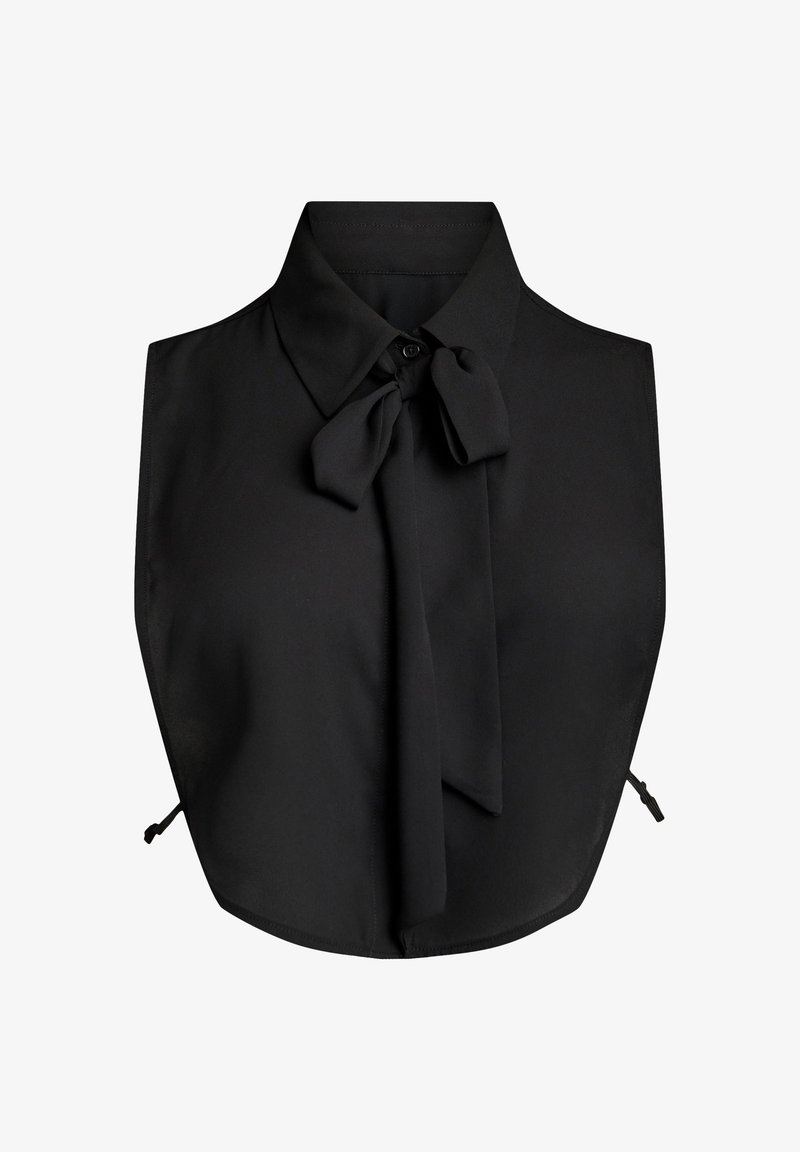 Top nero con colletto a fiocco al collo, caratterizzato da una texture liscia e un design strutturato. Legature laterali regolabili per un look aderente.