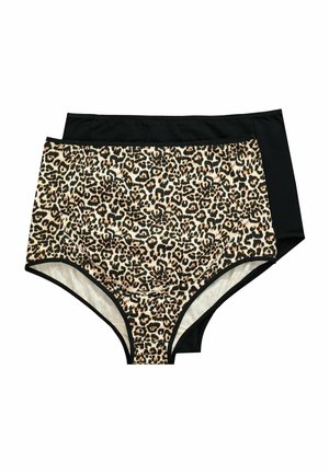 Twee paar vrouwenondergoed: één met een panterprint in tan en zwart, en één in effen zwart. Beide hebben een gladde textuur en een elastische tailleband.