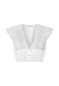 Weißes Crop-Top mit einem Spitzenüberzug am Oberteil, kurzen schwingenden Ärmeln, tiefem V-Ausschnitt und Knopfverschluss an der Vorderseite.