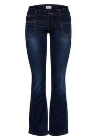 Jean foncé évasé en denim, avec deux poches avant, une fermeture à bouton, et des coutures contrastées claires le long des coutures.