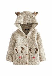 Tan capuchon cardigan met rendierzakken, knoopsluiting en textuurgebreide stof. Heeft hoornaccenten op de capuchon en een gezellige uitstraling.