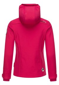 Bright pink fleece jacket with a hood, features contrast stitching, adjustable cuffs, and a logo patch on the left shoulder.