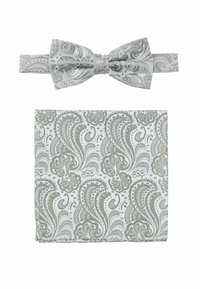 Grau-weißer Fliegen mit Paisley-Muster und passender Einstecktuch, das komplizierte Designs und einen strukturierten Stoff aufweist.