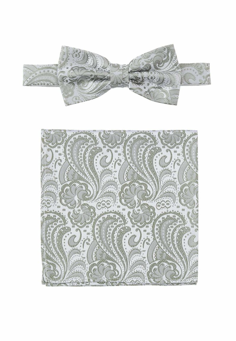 Grau-weißer Fliegen mit Paisley-Muster und passender Einstecktuch, das komplizierte Designs und einen strukturierten Stoff aufweist.