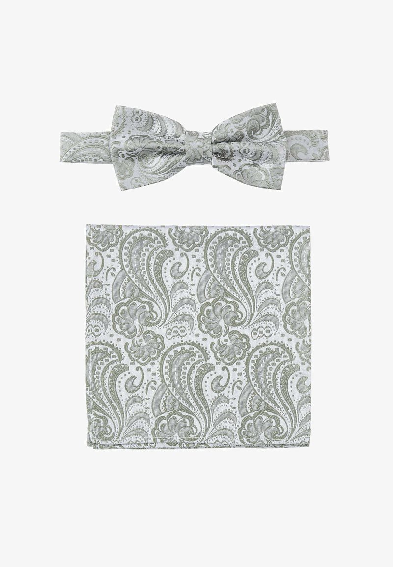 Grau-weißer Fliegen mit Paisley-Muster und passender Einstecktuch, das komplizierte Designs und einen strukturierten Stoff aufweist.