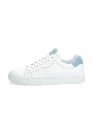 White leather sneaker with a light blue suede heel accent, flat white laces, and a textured rubber sole. Simple, minimalist design.