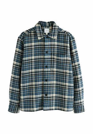 Mėlyna, juoda ir kreminė languota marškinėlių palaidinė su mygtukais priekyje, apykakle, ilgomis rankovėmis ir tekstūruotu audiniu.