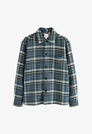 Mėlyna, juoda ir kreminė languota marškinėlių palaidinė su mygtukais priekyje, apykakle, ilgomis rankovėmis ir tekstūruotu audiniu.