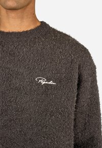 Ciemnoszary sweter wykonany z puszystego materiału, z okrągłym dekoltem i haftowanym białym logo na piersi. Teksturowany i luźno tkany.