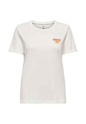 Wit T-shirt met korte mouwen, ronde halslijn en een kleine oranje afbeelding met de tekst "SPRITZ" boven een sinaasappelschijfje aan de linkerkant van de borst.