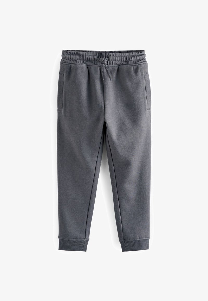 Szare dresy z elastycznym pasem w talii, sznurkiem i kieszeniami bocznymi; zwężane nogawki z ściągaczami, wykonane z miękkiego, teksturowanego materiału.