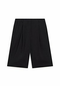 Pantaloni shorts neri plissettati con una vestibilità ampia, realizzati in un tessuto leggero. Presentano una vita con passanti per cintura e tasche laterali.