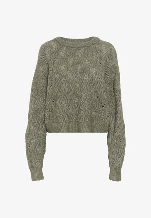 Olívazöld, cropped pulóver texturált, nyitott kötésmintával, bordás nyakkivágással és mandzsettával, hosszú ujjal és laza szabással.