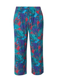 Pantaloni con vita elastica, taglio cropped, caratterizzati da una vivace stampa tropicale nei colori turchese, rosso e viola, con foglie di palma e fiori.