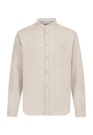 Beige overhemd met lange mouwen, mandarijnkraag, knopen aan de voorkant en een borstzakje met één knoop.