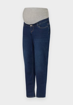 Tumedast denimist tehtud rasedusjeansid, millel on heledast hallist riidest kõhu paneel, klassikalise sirge lõikega ja peente tikandite detailidega.
